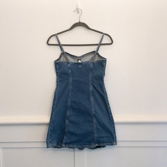 Roxy Denim Mini Dress XS Blue Button Front Sleeveless Fitted Casual Summer - Picture 2 of 4